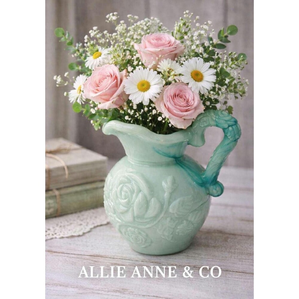 Vintage Avon Green Glass Pitcher Vase / Jadeite Style Floral Rose Relief / Cotta